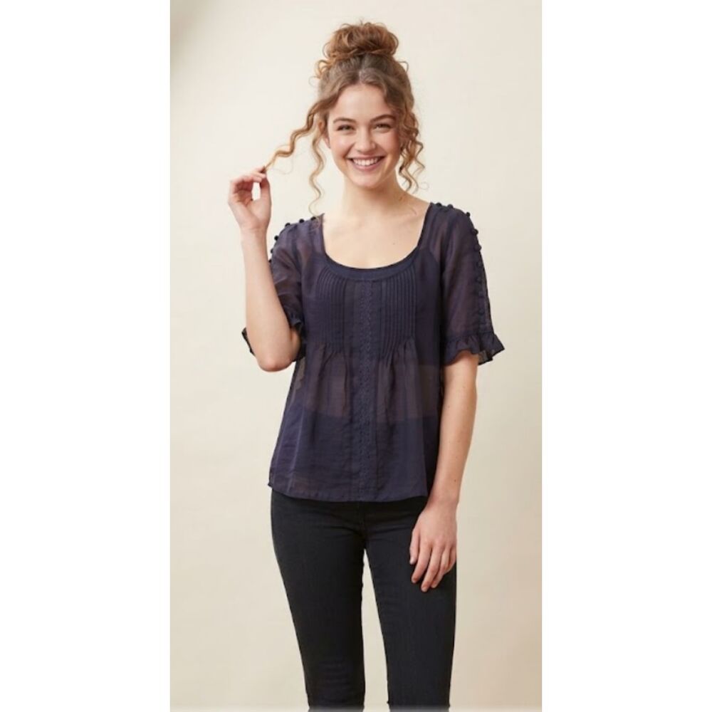 Joie Silk Cotton Navy Sheer Pleated Button Blouse Top Ethereal Boho Folk Core M